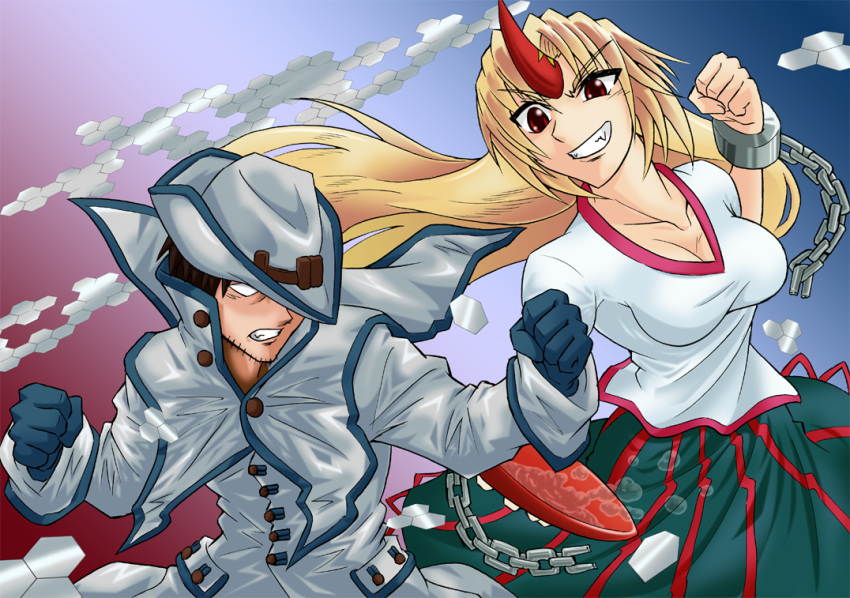 battle, busou_renkin, captain_bravo, chain, chains, character_request, coat, crossover, cuffs, hat, horns, hoshiguma_yuugi, okkiiwanko, sake, touhou