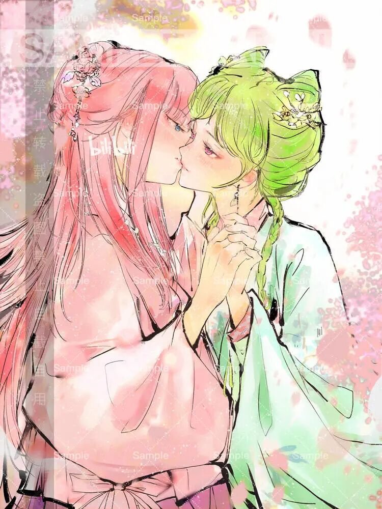 2girls, aoqun, artist_self-insert, blue_eyes, bow, chinese_clothes, collei_(genshin_impact), couple