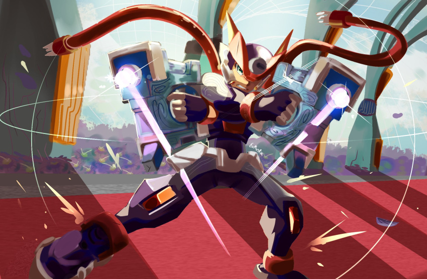 1boy, armor, dual_wielding, euphythefox, foot_out_of_frame, green_eyes, grey_(mega_man), gun