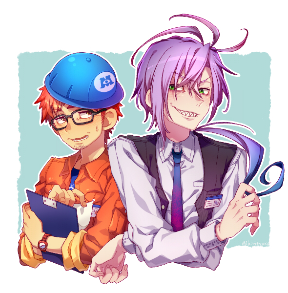 2boys, black_vest, blue_necktie, border, clipboard, cropped_torso, facial_hair, fingernails, fungus_(monsters_inc.), glasses, goatee_stubble, gradient_necktie, green_eyes, hair_between_eyes, holding, holding_clipboard, humanization, jacket, kiri_futoshi, looking_at_viewer, male_focus, monsters_inc., multiple_boys, name_tag, necktie, nervous, orange_jacket, ponytail, purple_hair, randall_boggs, redhead, sharp_teeth, short_hair, stubble, sweatdrop, teeth, vest, watch, watch, white_border