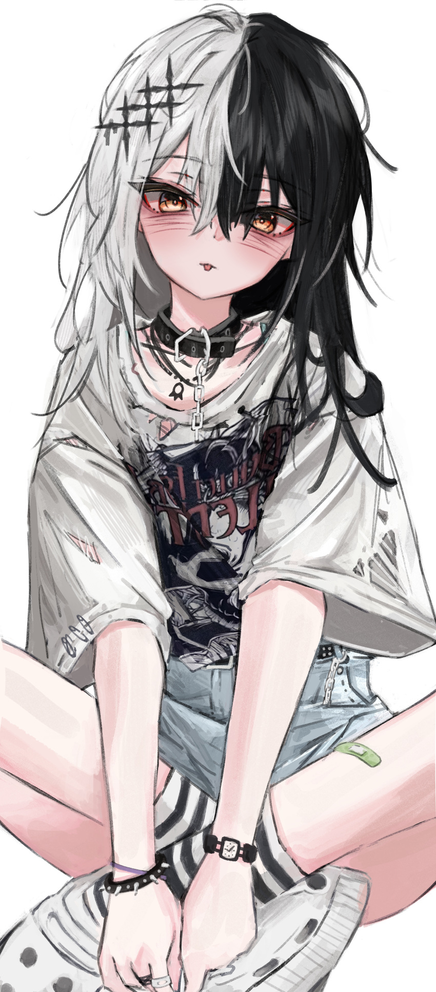 1girl, absurdres, akarinnndesu, bandaid, bandaid_on_leg, black_collar, black_hair, blush