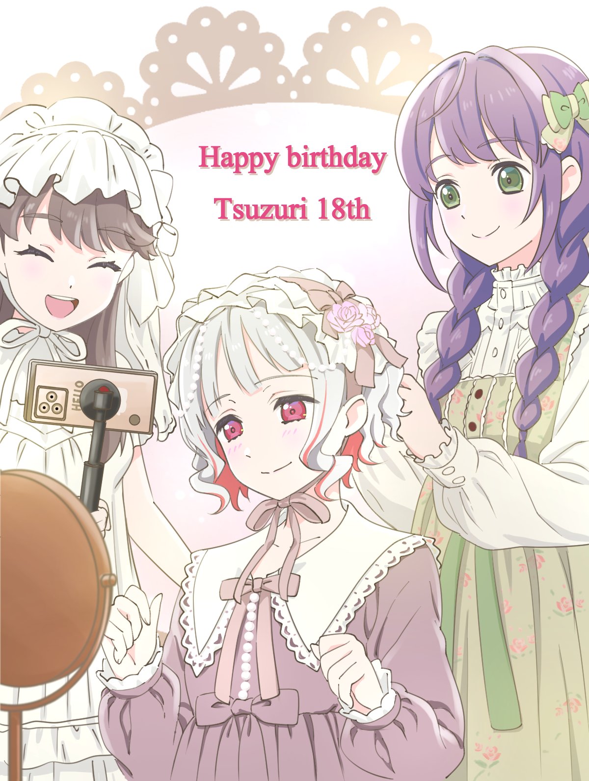 3girls, :d, ^_^, blush, bob_cut, bow, braid, brown_dress