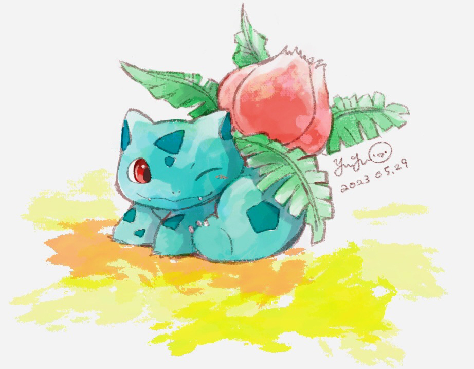 animal_focus, claws, closed_mouth, dated, full_body, ivysaur, looking_at_viewer, no_humans, nostrils, one_eye_closed, pokemon, pokemon_(creature), red_eyes, signature, sitting, solo, yuki_(yuyu)