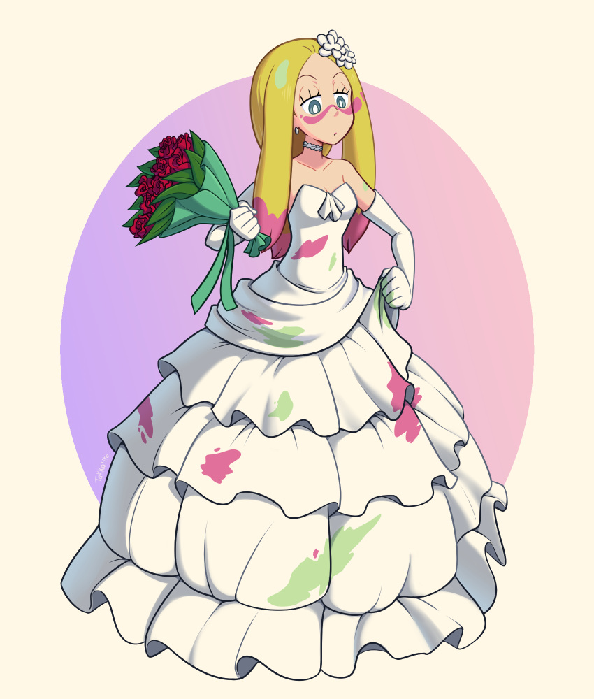 1girl, blonde_hair, bouquet, bride, coonstito, dress, elbow_gloves, english_commentary, eyelashes, facepaint, flower, full_body, gloves, highres, holding, holding_bouquet, long_hair, looking_down, mina_(pokemon), paint_on_clothes, pokemon, pokemon_sm, purple_hair, red_flower, red_rose, rose, skirt_hold, solo, wedding_dress, white_dress, white_gloves