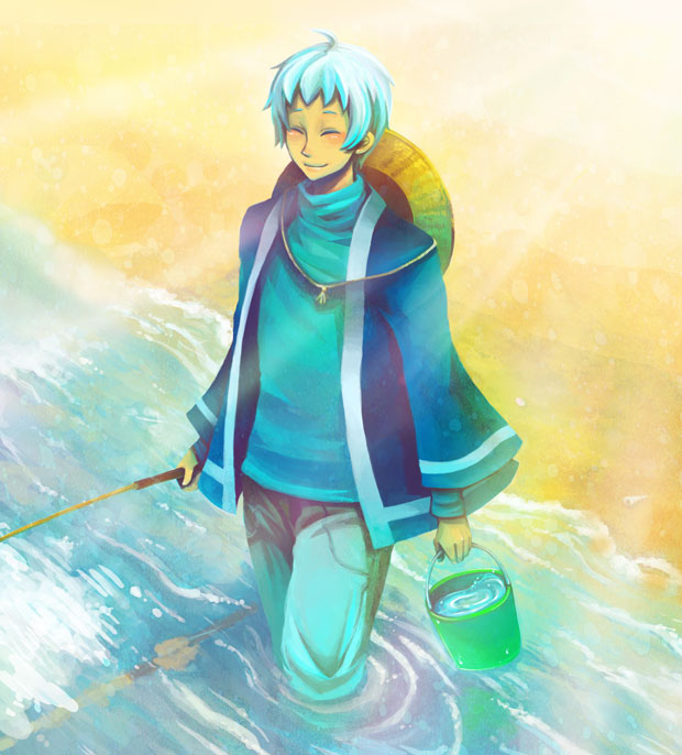 aqua_hair, beach, bucket, closed_eyes, eyes_closed, fishing_rod, harvest_moon, harvest_moon_animal_parade