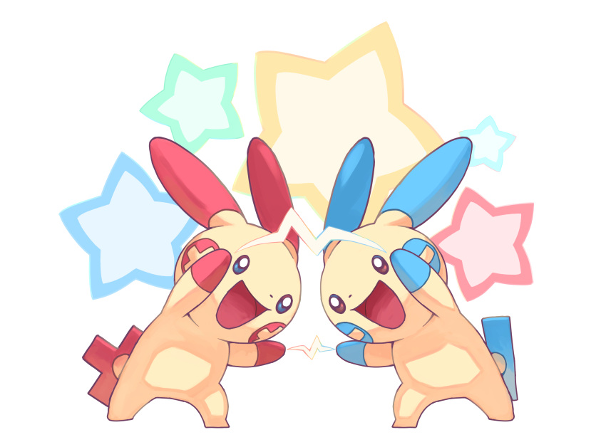absurdres, blue_eyes, brown_eyes, commentary_request, dragon_ball, electricity, full_body, fusion_dance, happy, highres, korean_commentary, minun, no_humans, open_mouth, plusle, pokemon, pokemon_(creature), raid_(donghyeok), star_(symbol), white_background