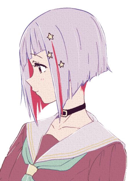 1girl, aqua_neckerchief, black_choker, bob_cut, brown_dress, choker, closed_mouth, colored_inner_hair
