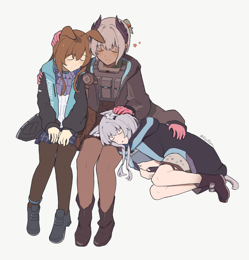3girls, amiya_(arknights), animal_ears, arknights, artist_name, bird_girl, black_feathers, black_footwear, black_jacket, black_pantyhose, boots, brown_hair, cat_ears, cat_girl, closed_eyes, dark-skinned_female, dark_skin, elysiium, extra_arms, feathers, gloves, grey_hair, head_wings, headpat, highres, infection_monitor_(arknights), jacket, lap_pillow, multiple_girls, pantyhose, pink_gloves, rabbit_ears, raidian_(arknights), rosmontis_(arknights), sleeping, smile, white_background, wings