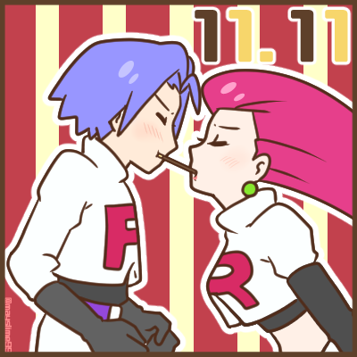 1boy, 1girl, black_gloves, blush, closed_eyes, embarrassed, gloves, james_(pokemon), jessie_(pokemon), lapis-lazzuli, lowres, pink_hair, pokemon, pokemon_(anime), purple_hair, team_rocket, team_rocket_uniform, worried
