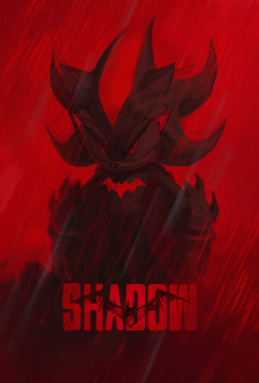 1boy, absurdres, alternate_costume, batman, batman_(cosplay), batman_(series), clenched_hands, commentary, cosplay, dc_comics, english_commentary, english_text, furry, furry_male, glaring, highres, kornart, male_focus, parody, rain, red_eyes, red_theme, shadow_the_hedgehog, solo, sonic_(series), the_batman_(2022)