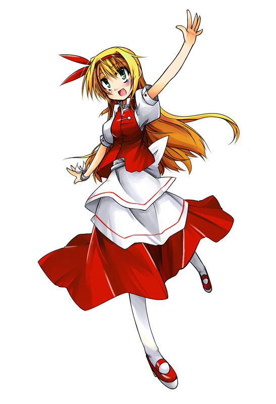 apron, blonde_hair, blush, dress, ellen, green_eyes, hatarakimono, hemogurobin_a1c, long_hair, outstretched_arms, pantyhose, ribbon, solo, touhou, touhou_(pc-98), white_legwear
