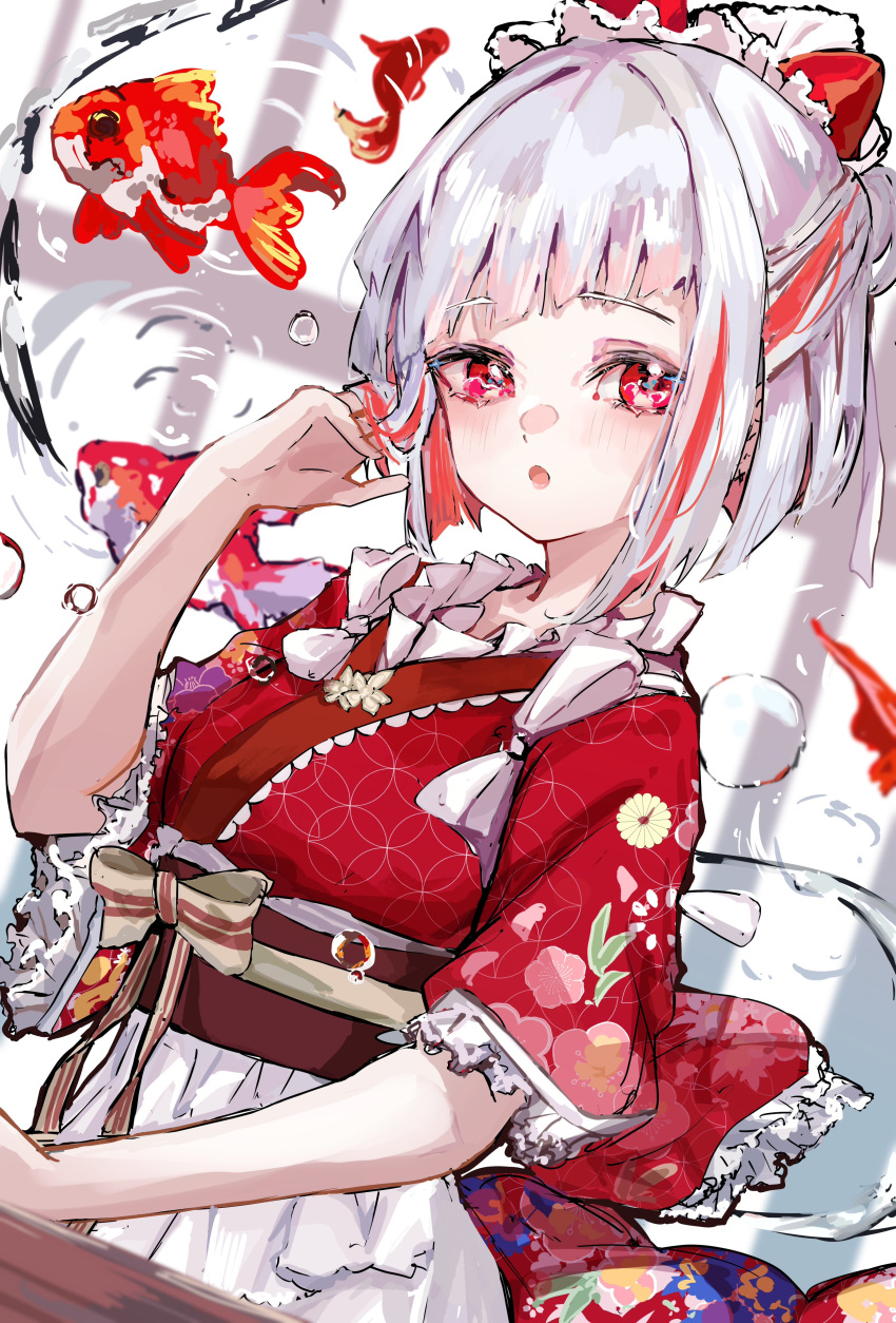 1girl, :o, absurdres, blush, bob_cut, colored_inner_hair, commentary_request, diagonal_bangs