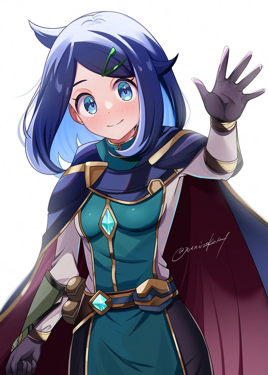 ancient_poke_ball, belt, black_cloak, black_hair, blue_eyes, blue_hair, brown_gloves, cloak