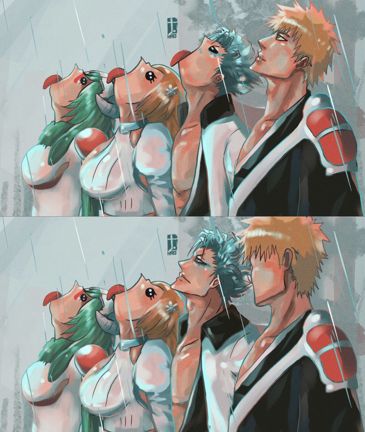2boys, 2girls, black_robe, bleach, blue_hair, dress, facepaint, goku_and_vegeta_in_the_rain_(meme), green_hair, grimmjow_jaegerjaquez, hair_ornament, hairclip, highres, inoue_orihime, juliet_sleeves, kurosaki_ichigo, long_hair, long_sleeves, looking_at_another, looking_up, mask, mask_on_head, meme, moonymiw, multiple_boys, multiple_girls, nelliel_tu_odelschwanck, open_mouth, orange_hair, puffy_sleeves, rain, robe, serious, short_hair, tongue, tongue_out, white_dress