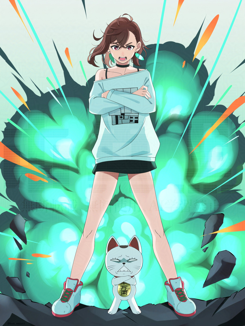 1girl, absurdres, ayase_momo, brown_eyes, brown_hair, cat, collarbone, crossed_arms