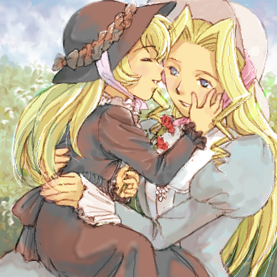 age_difference, blonde_hair, cosette, family, fantine, hand_on_another's_cheek, hand_on_another's_face, hand_on_cheek