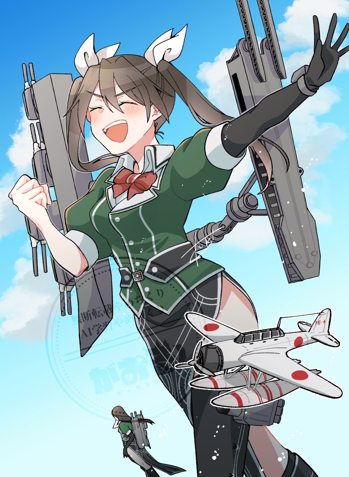 2girls, aircraft, aircraft_request, airplane, black_gloves, black_hair, blue_sky, bow