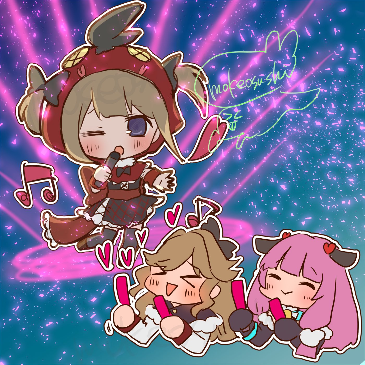>_<, 3girls, :>, azur_lane, black_bow, blush, bow, brown_hair