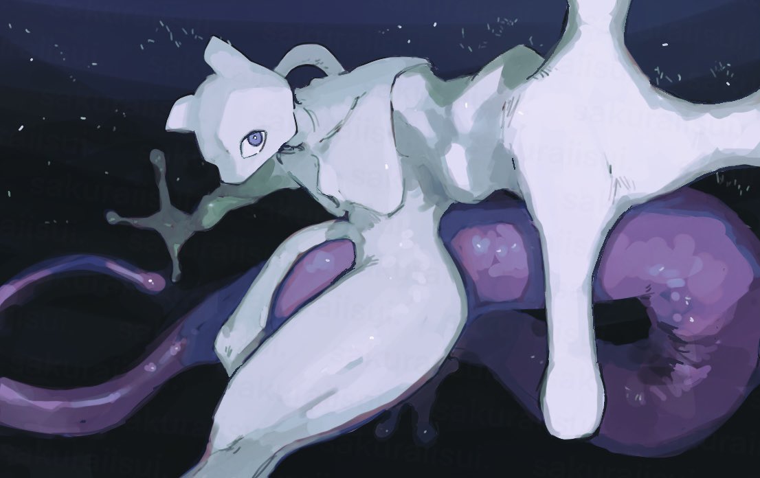 bright_pupils, colored_skin, fewer_digits, looking_at_viewer, mewtwo, outstretched_arms, outstretched_hand, pokemon, pokemon_(creature), pokemon_focus, purple_tail, reaching, reaching_towards_viewer, sakuraiisui, solo, space, spread_arms, star_(sky), starry_sky_background, tail, violet_eyes, white_pupils, white_skin