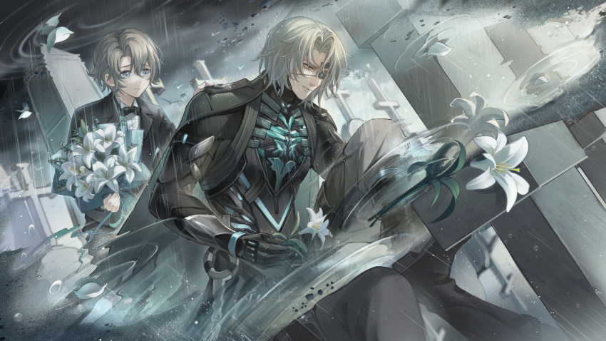 2boys, absurdres, black_bow, black_bowtie, black_jacket, black_pants, blue_eyes, bouquet