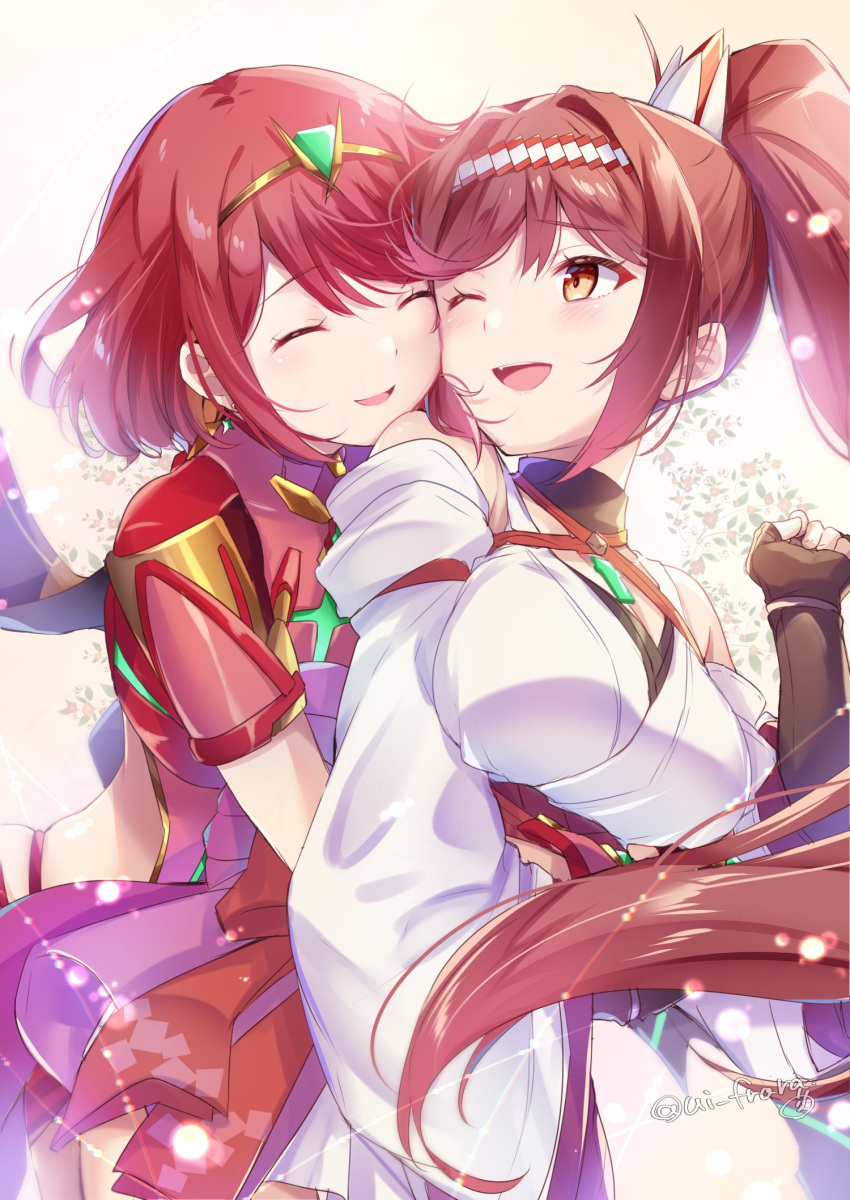 2girls, ;d, bob_cut, breasts, brown_gloves, closed_eyes, commentary_request, core_crystal_(xenoblade)