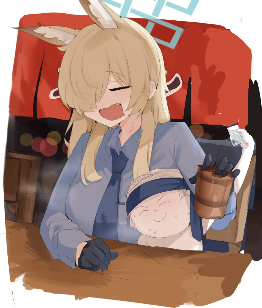 1boy, 1girl, animal_ear_fluff, animal_ears, arm_on_table, arm_up, black_gloves, blue_archive