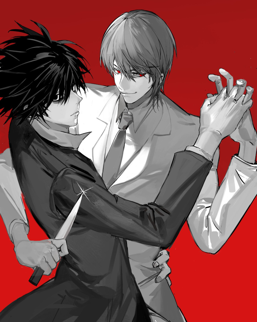 2boys, arm_around_waist, arm_up, asymmetrical_sleeves, bags_under_eyes, closed_mouth, coat, collared_coat, collared_shirt, commentary_request, cowboy_shot, dancing, death_note, greyscale_with_colored_background, hair_between_eyes, highres, holding, holding_knife, holding_weapon, interlocked_fingers, jacket, knife, l_(death_note), lapels, long_sleeves, looking_to_the_side, male_focus, medium_hair, messy_hair, multiple_boys, necktie, popped_collar, red_background, red_eyes, shirt, sideways_glance, simple_background, smile, sparkle, spot_color, suit, suit_jacket, uneven_sleeves, weapon, wing_collar, yagami_light, yuziwen025