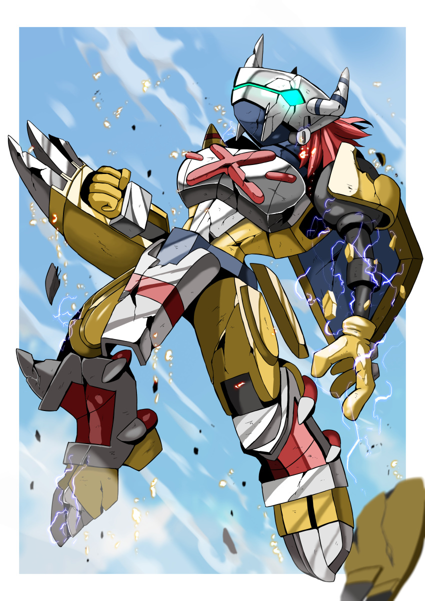 1boy, absurdres, armor, battle_damage, broken_armor, claw_(weapon), electricity, glowing