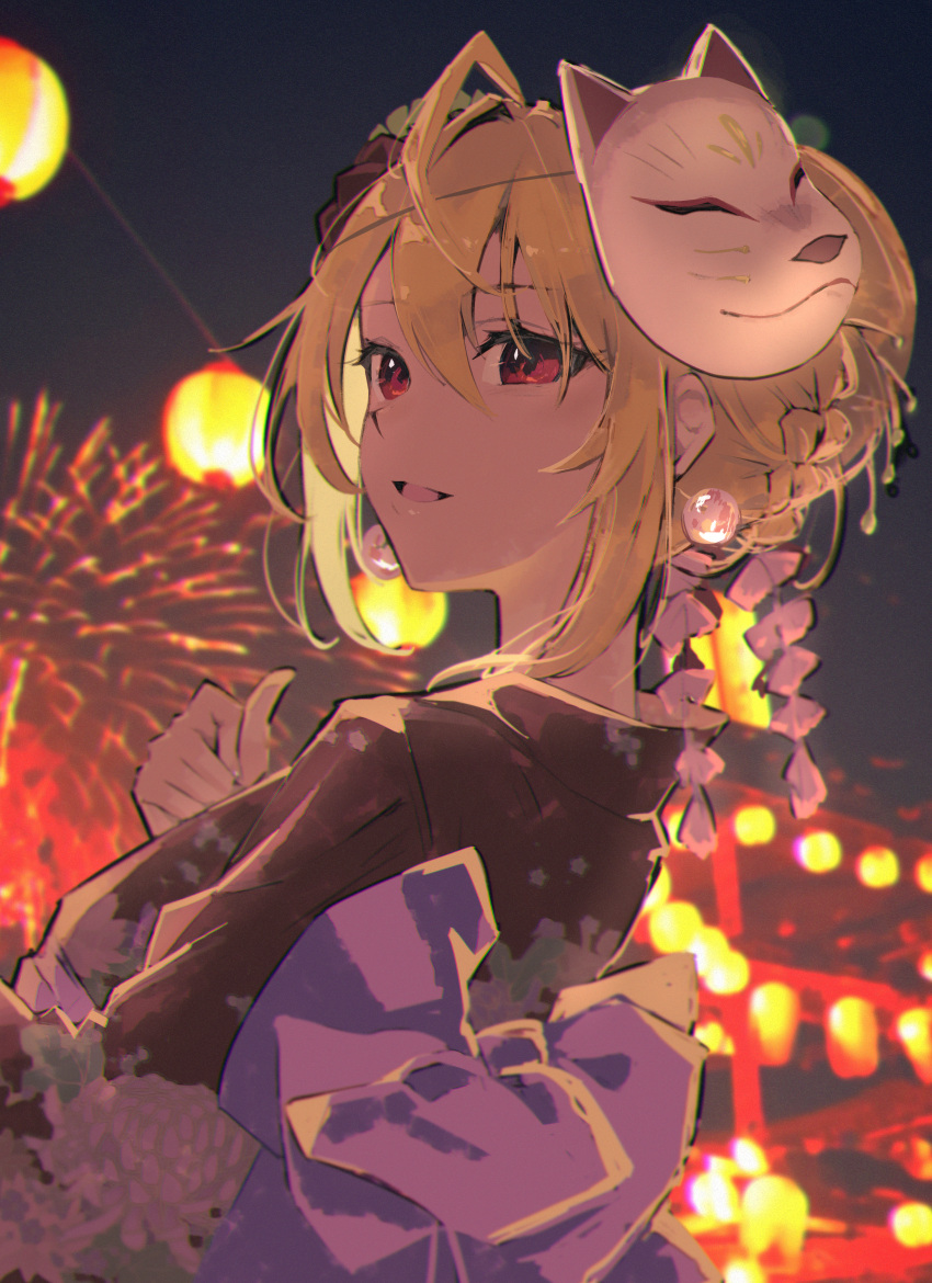 1girl, absurdres, aerial_fireworks, ahoge, angelica_rafa_redgrave, blonde_hair, commission, e_ixion