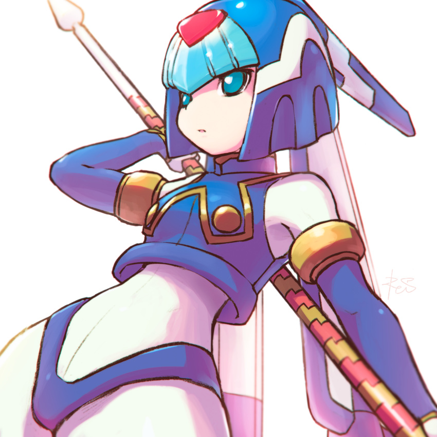 1girl, absurdres, bare_shoulders, blue_eyes, blue_panties, blunt_bangs, commentary, contrapposto, crop_top, elbow_gloves, fairy_leviathan_(mega_man), gloves, green_eyes, hand_up, helmet, highleg, highleg_panties, highres, holding, holding_weapon, mega_man_(series), mega_man_zero_(series), panties, parted_lips, reiesu_(reis), robot_girl, signature, simple_background, solo, standing, underwear, weapon, white_background, wide_hips