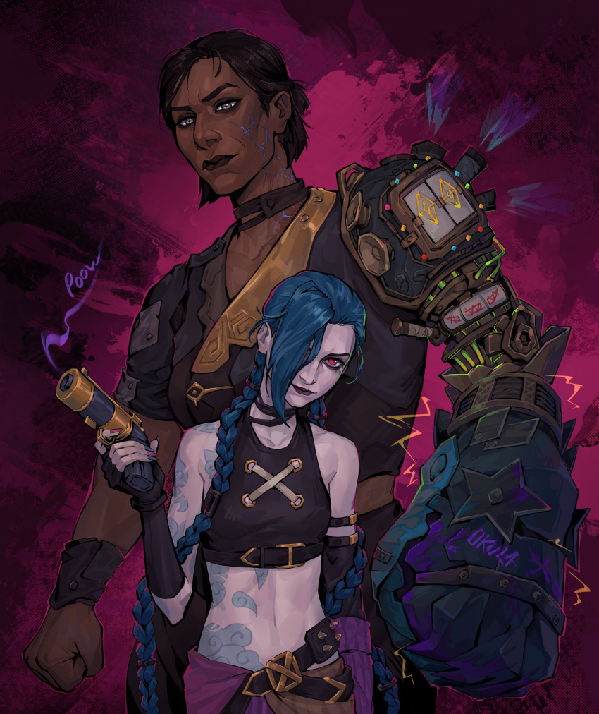 2girls, absurdres, arcane:_league_of_legends, arcane_jinx, auntyokula, bare_shoulders, blue_hair, braid, breasts, cloud_tattoo, fingerless_gloves, gloves, highres, holding, jewelry, jinx_(league_of_legends), league_of_legends, long_hair, looking_at_viewer, multiple_girls, navel, pink_eyes, sevika_(arcane), small_breasts, smile, tattoo, twin_braids, twintails, very_long_hair, weapon