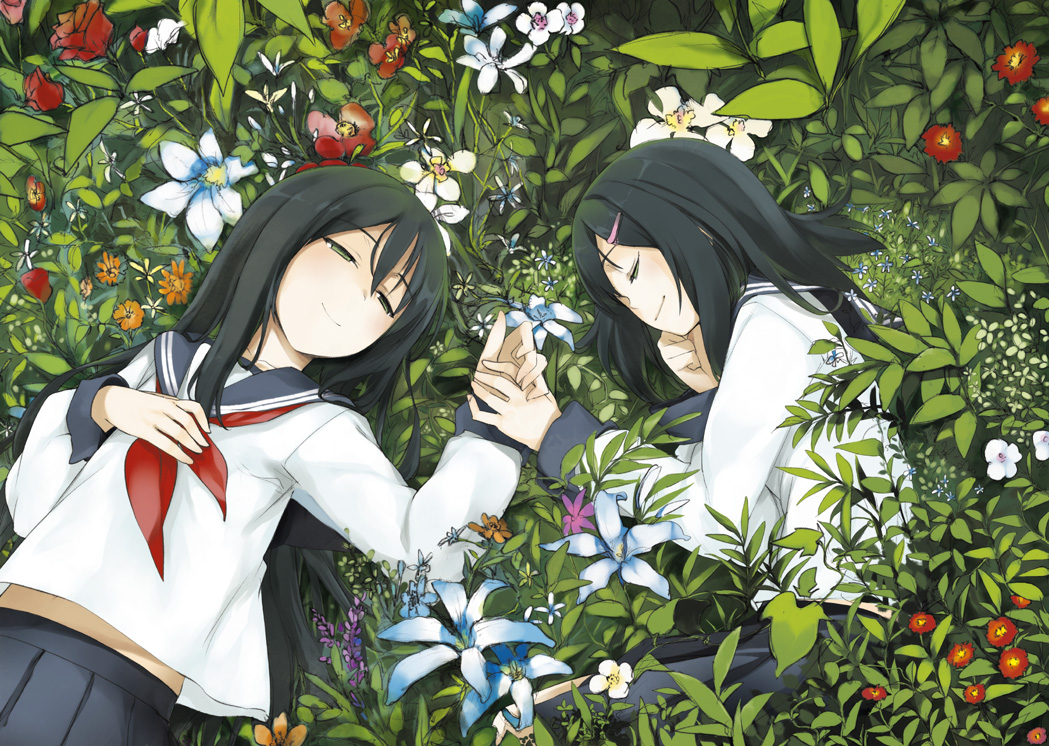 flower, hand_holding, holding_hands, kusano_houki, lying, multiple_girls, original, school_uniform