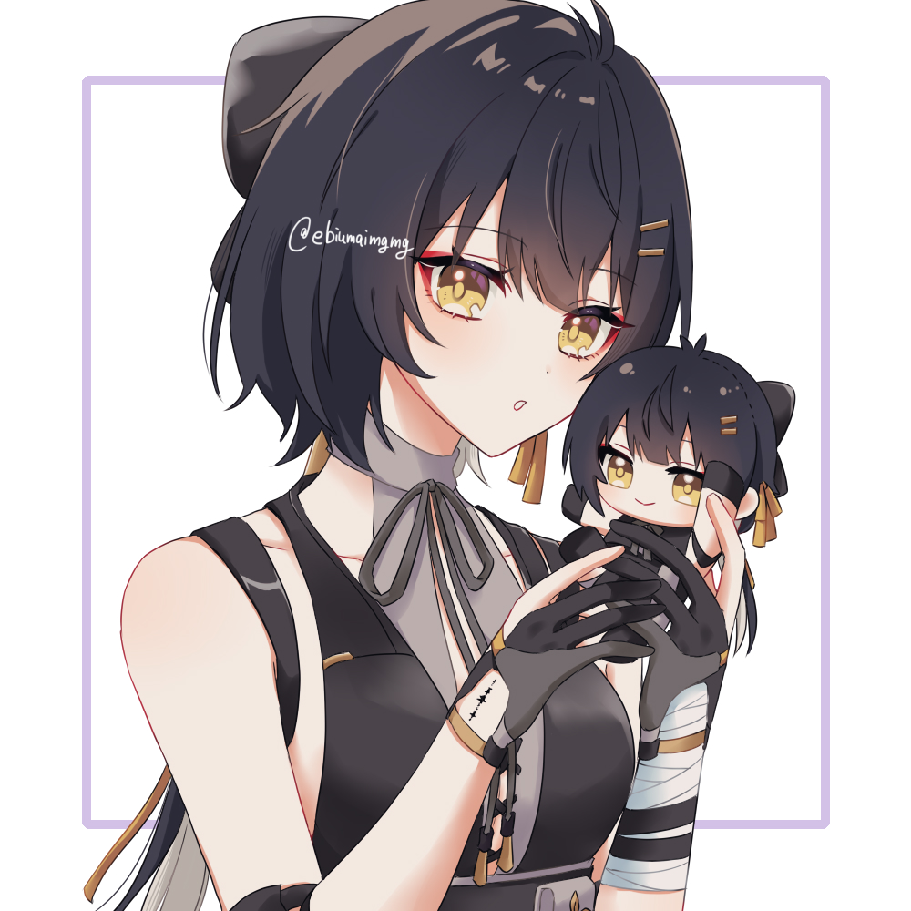 1girl, bare_shoulders, black_dress, black_hair, breasts, character_doll, chibi, cross-laced_clothes, cross-laced_top, dress, earrings, ebiumaimgmg, eyeliner, female_rover_(wuthering_waves), hair_ornament, hair_ribbon, hairclip, jewelry, looking_at_viewer, makeup, multicolored_hair, ribbon, rover_(wuthering_waves), solo, tacet_mark_(wuthering_waves), triangle_earrings, two-tone_hair, wuthering_waves, yellow_eyes