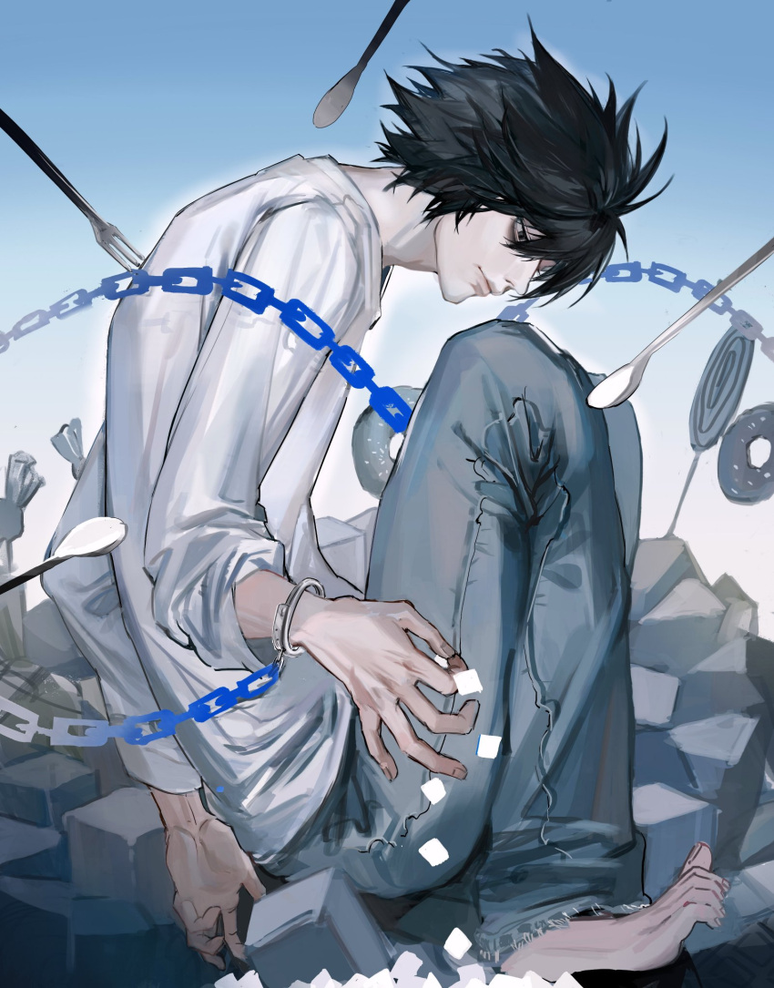 1boy, bags_under_eyes, barefoot, black_eyes, black_hair, blue_pants, blue_sky, candy