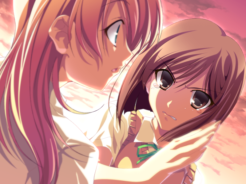 2girls, angry, arm_up, brown_eyes, brown_hair, clenched_teeth, game_cg, green_eyes
