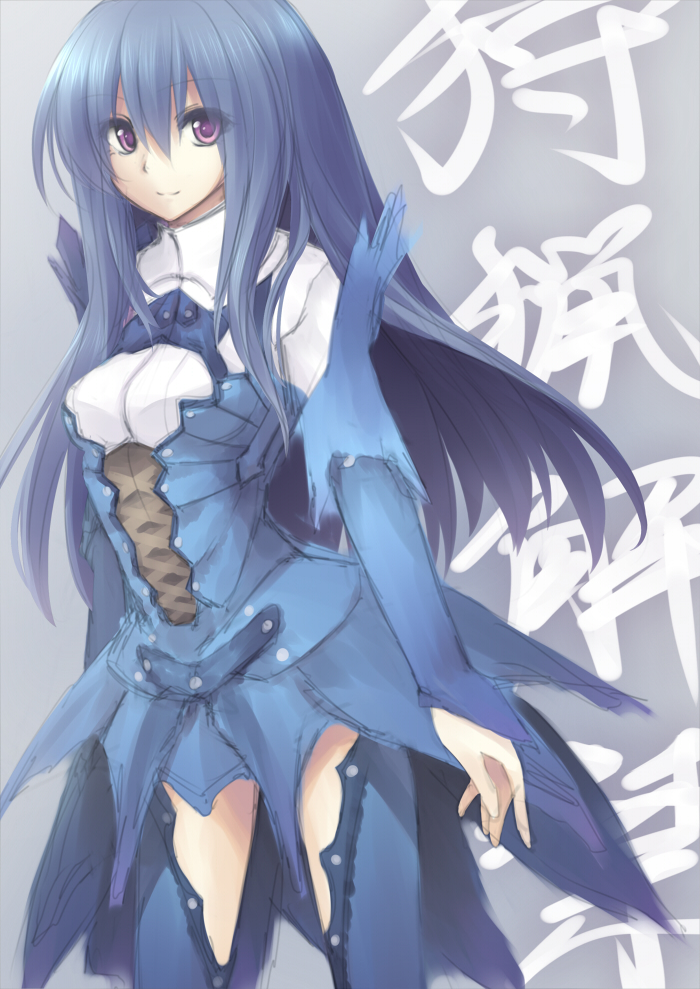 blue_hair, bnahabra_(armor), bnahabra_armor, capcom, garuku, light_smile, long_hair, monster_hunter, monster_hunter_3, purple_eyes, solo, violet_eyes