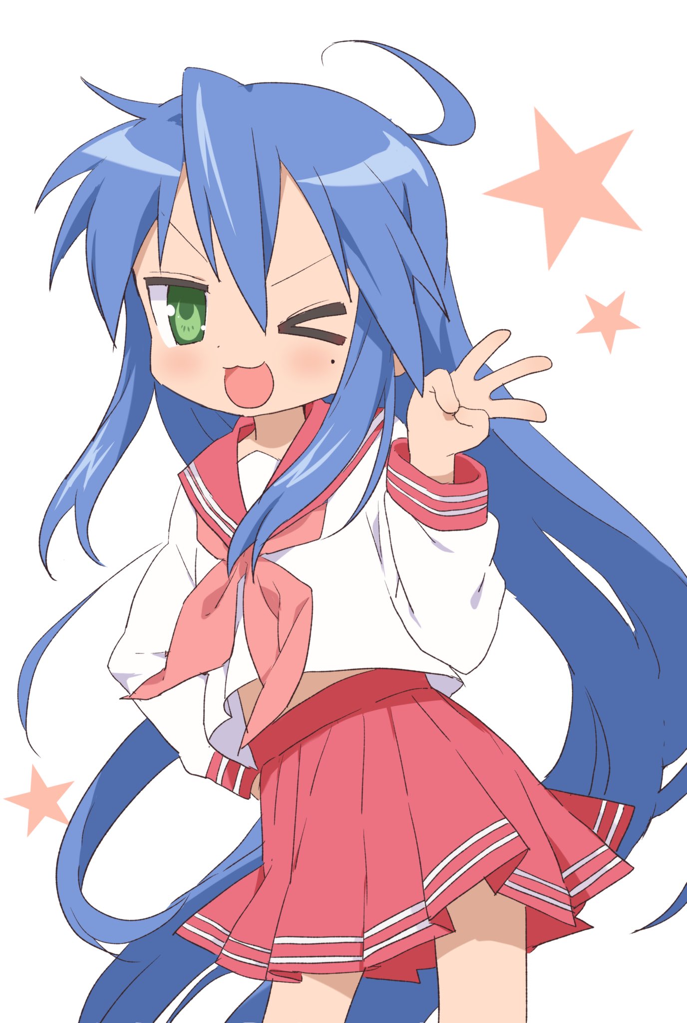 1girl, :3, ;d, ahoge, arm_behind_back, blue_hair, blush, buchi_(y0u0ri_)
