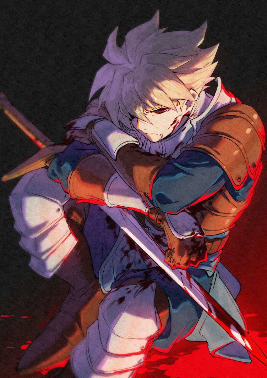 1boy, armor, armored_boots, artist_name, black_background, blonde_hair, blood, blood_on_clothes