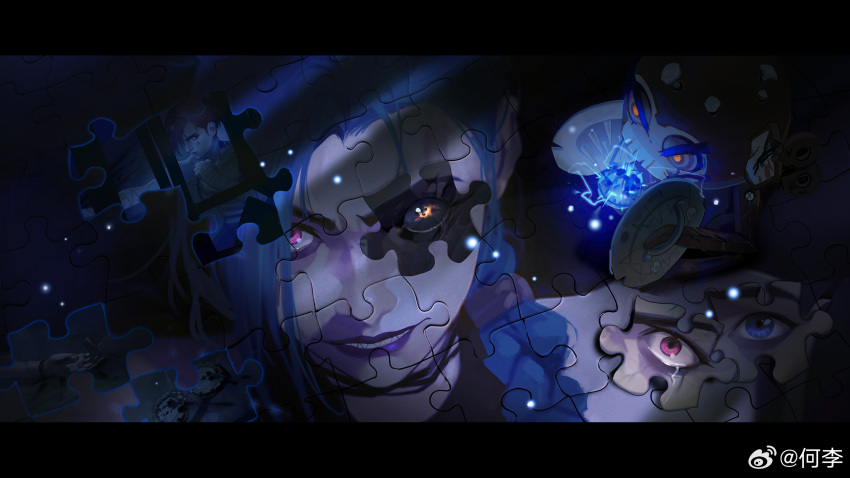 1boy, 2girls, arcane:_league_of_legends, arcane_jinx, arcane_vi, artist_name, blue_eyes, blue_hair