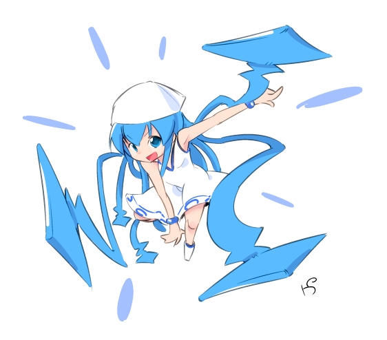 bad_id, blue_eyes, blue_hair, dress, foreshortening, hat, ikamusume, long_hair, makurabe_shouma, shinryaku!_ikamusume, solo, tentacle_hair