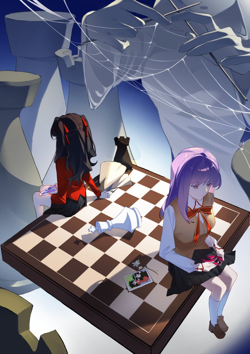 2girls, amiably_02, black_hair, board_game, chess, chess_piece, chessboard, collared_shirt