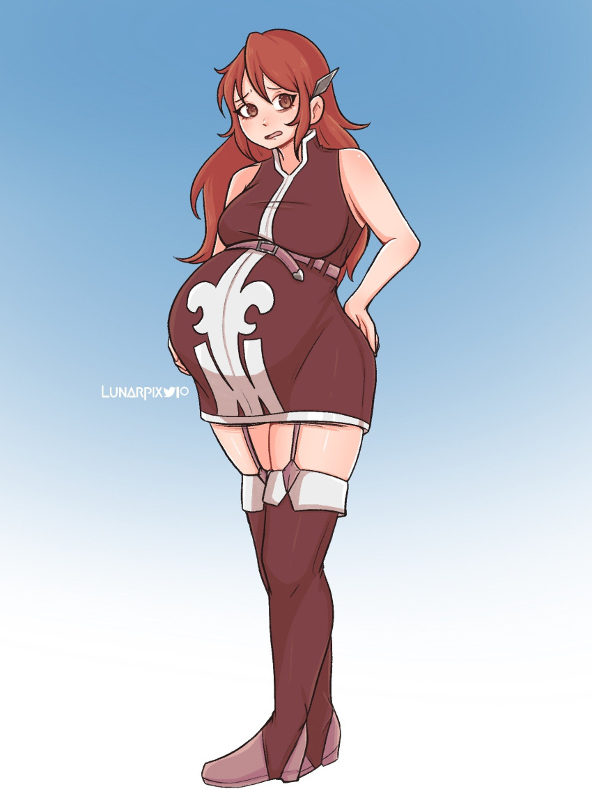 1girl, belly, big_belly, full_body, hand_on_own_back, hand_on_own_stomach, highres, long_hair