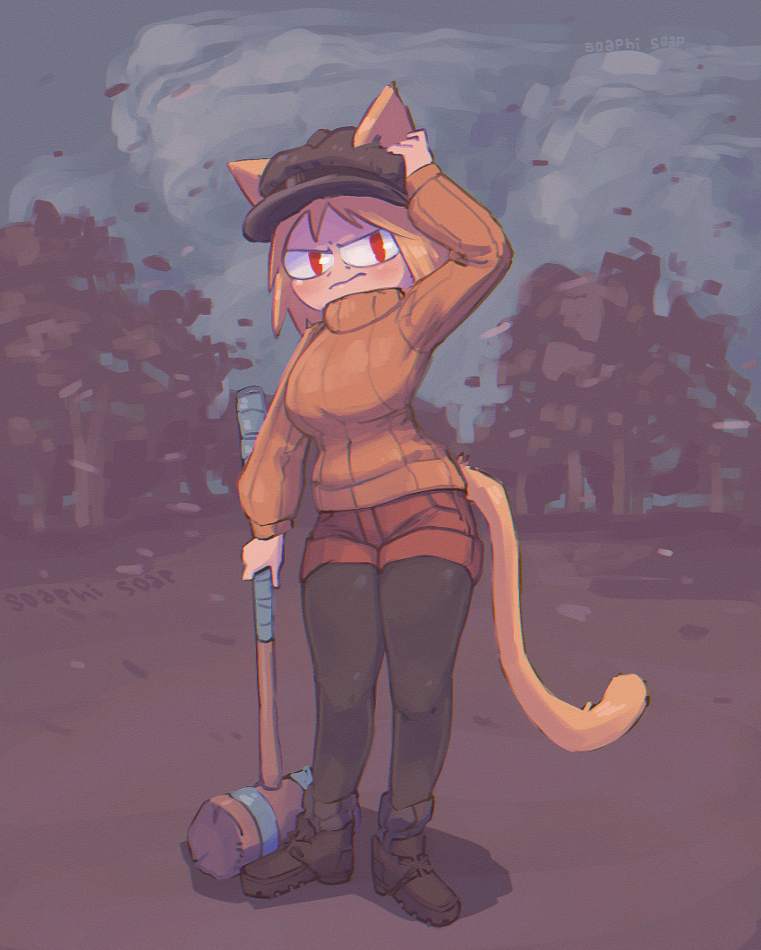 blonde_hair, breasts, cat_tail, croquet, croquet_mallet, headgear, highres, holding