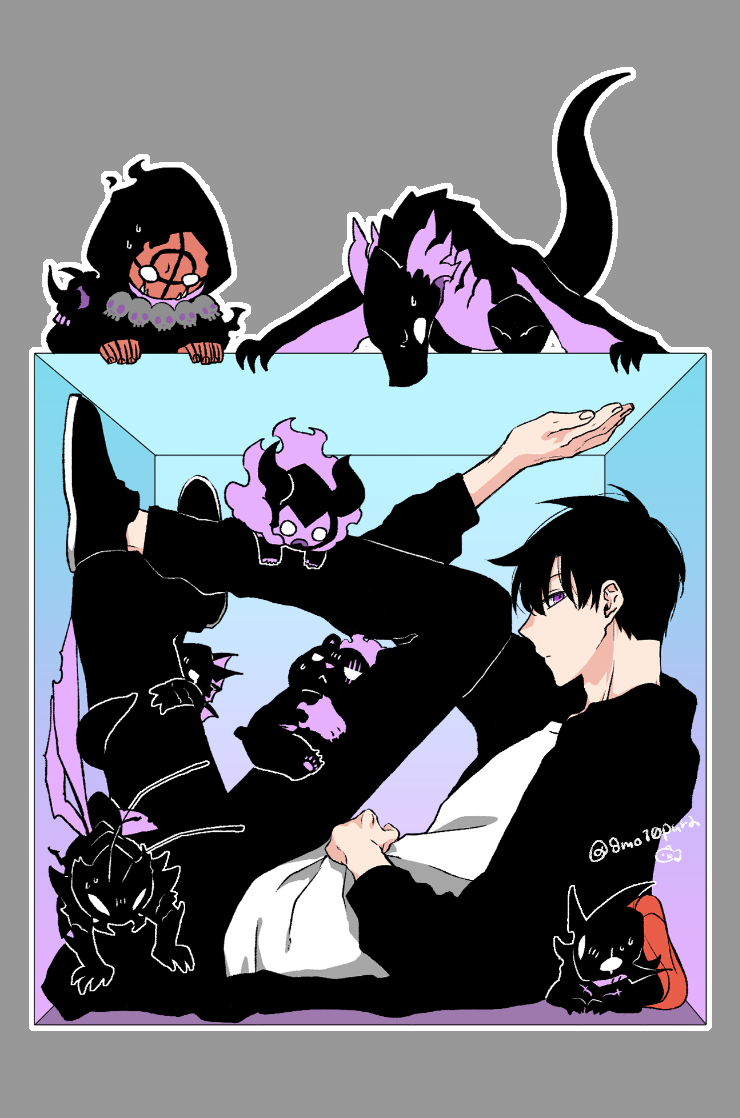 8mo10, bear, beru_(solo_leveling), black_footwear, black_hair, black_jacket, black_pants, blue_background