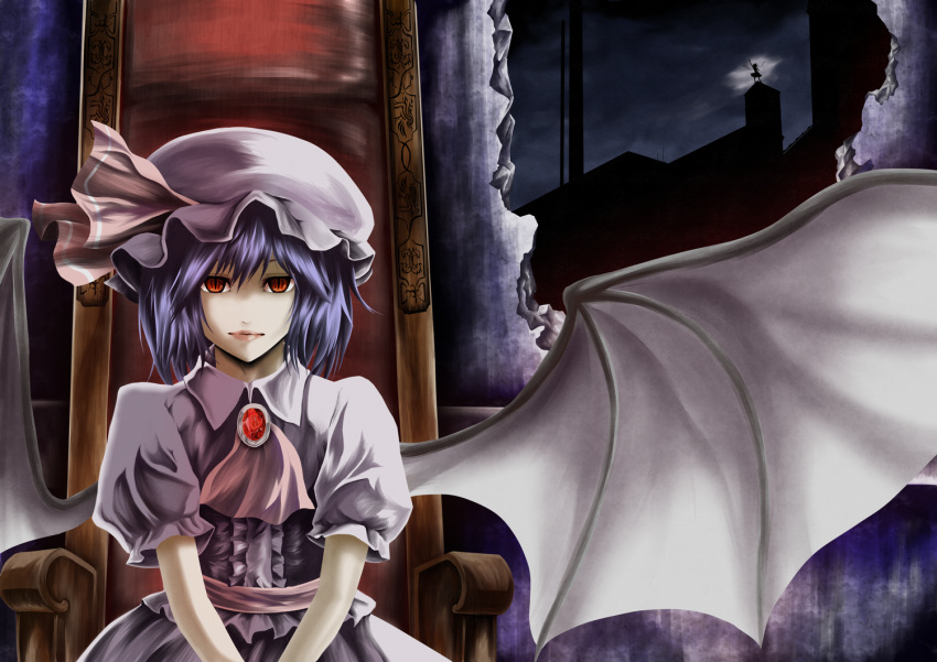 bad_id, bat_wings, blue_hair, brooch, chair, flandre_scarlet, hat, jewelry