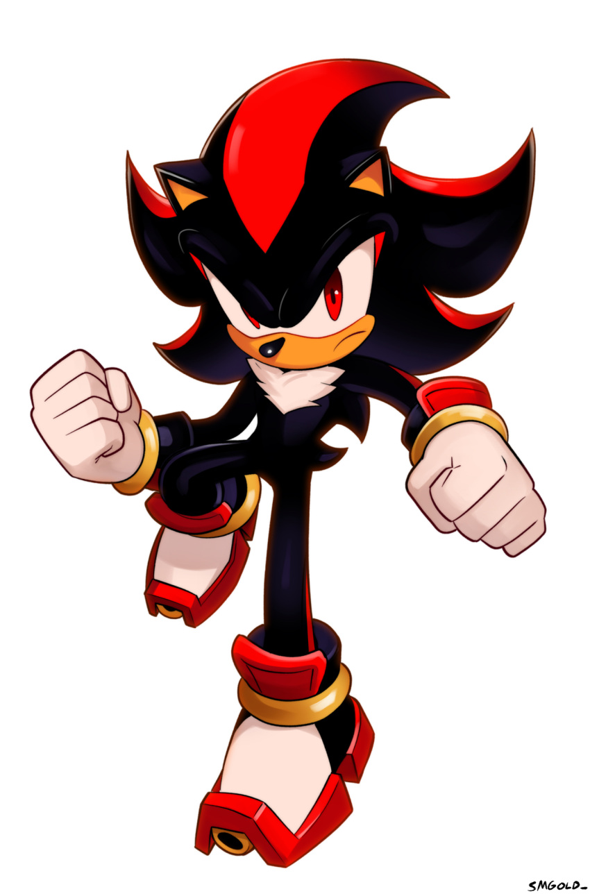 1boy, animal_ears, animal_nose, artist_name, closed_mouth, frown, full_body, furry, furry_male, gloves, highres, looking_at_viewer, male_focus, red_eyes, shadow_the_hedgehog, shoes, simple_background, smgold, solo, sonic_(series), sonic_adventure, white_background, white_gloves