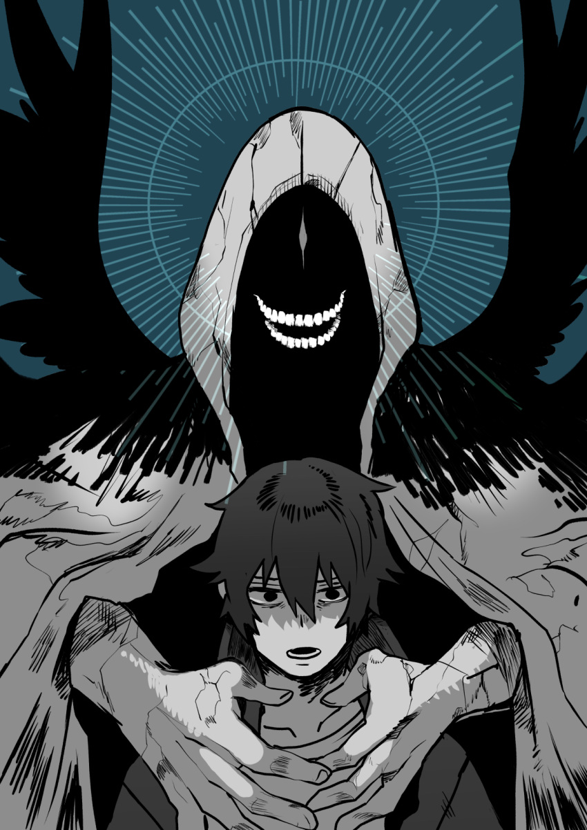 black_hair, black_hoodie, black_wings, blue_background, cracked_clothes, cracked_skin, faceless, feathered_wings