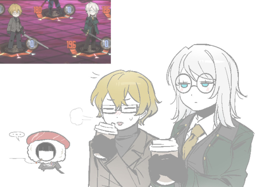 1boy, 2girls, black_gloves, black_sweater, blonde_hair, blue_eyes, brown_jacket, closed_mouth, collared_shirt, cup, dawn_office_(identity)_(project_moon), disposable_coffee_cup, disposable_cup, faust_(project_moon), glasses, gloves, hands_up, highres, holding, holding_cup, jacket, library_of_ruina, limbus_company, long_sleeves, multiple_girls, neckerchief, ohzv, project_moon, round_eyewear, ryoshu_(project_moon), seven_association_(identity)_(project_moon), shirt, short_hair, short_sleeves, simple_background, sinclair_(project_moon), sweater, w_corp._(identity)_(project_moon), white_background, white_hair, white_shirt, yellow_neckerchief