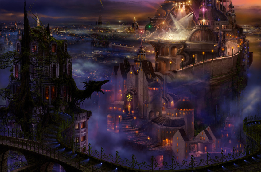 building, city, cityscape, creature, dragon, fantasy, fog, landscape