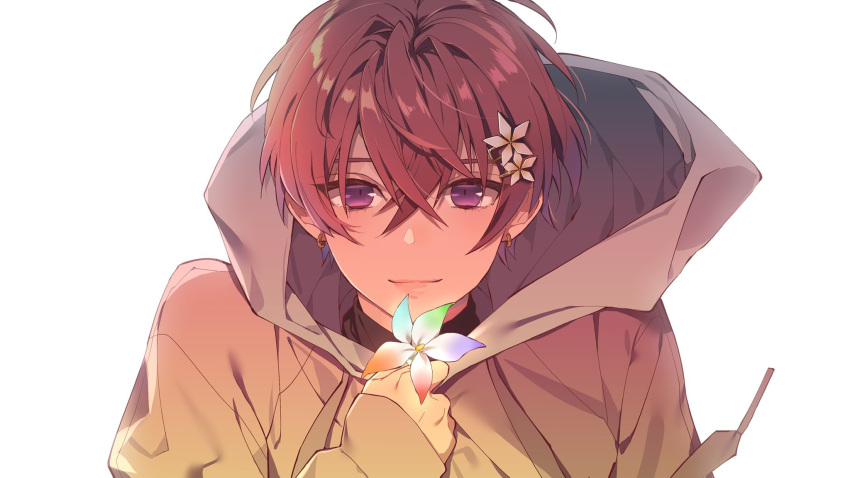 1boy, black_shirt, closed_mouth, coe._(starlight_polaris), crossed_bangs, drawstring, earrings, flower